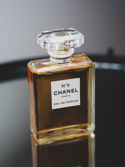 Chanel No. 5 perfume bottle on a reflective surface